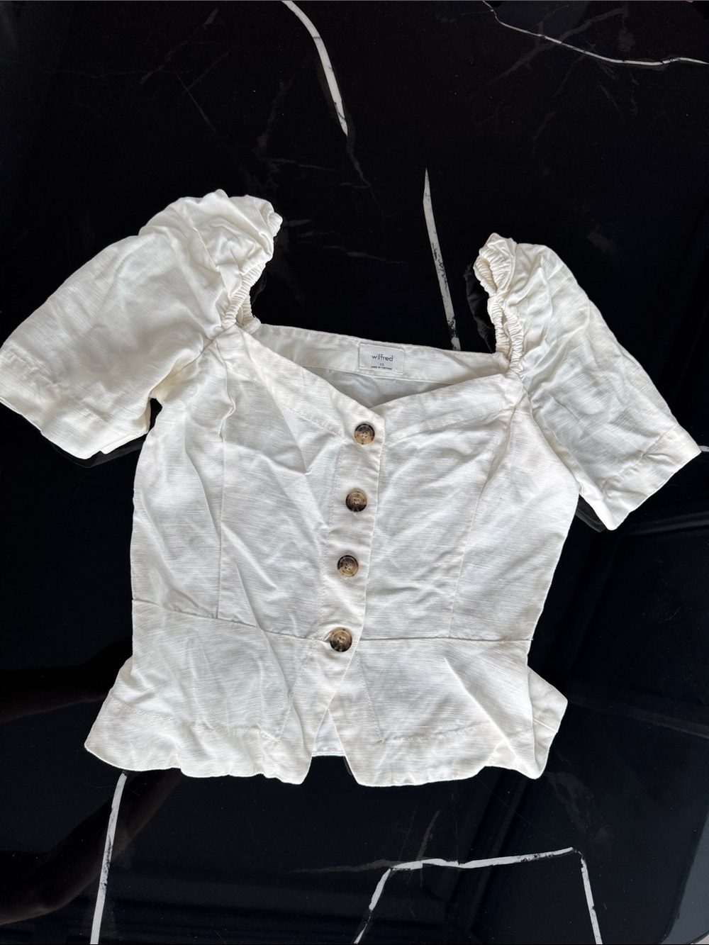 Smocked Sleeve Button-Front White Peplum Top